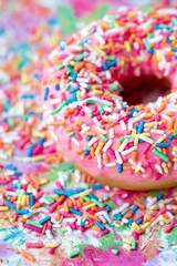Close-up of a frosted donut with colorful sprinkles.