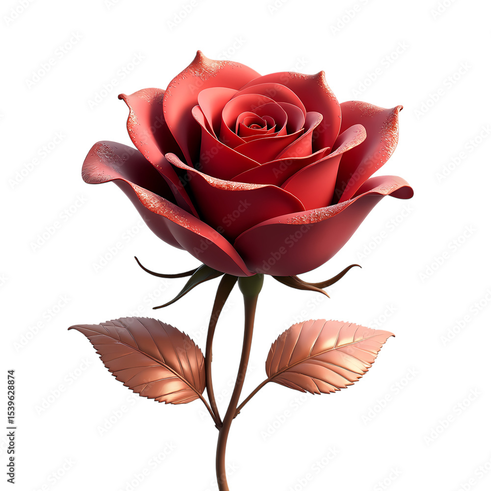 Poster a single red rose with golden edges isolated on transparent background