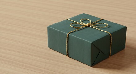 Elegant green gift box with golden ribbon on a wooden surface close up