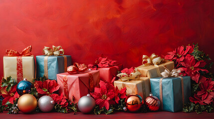  Elegant vertical Christmas scene featuring beautifully wrapped gifts and colorful ornaments on a vibrant red background