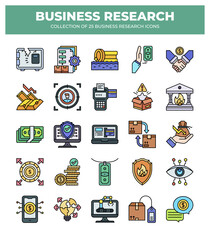 Collection of Business Research Icons: 25 essential icons for market research. financial analysis. and business strategy.