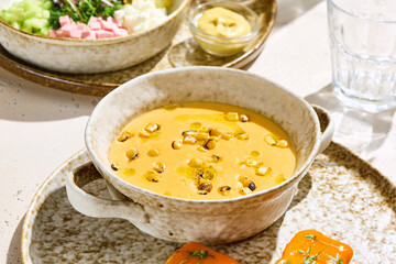 Corn cream soup with roasted kernels, bright light, overhead arrangement on rustic ceramics
