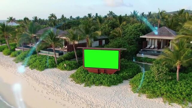 4K Aerial Drone Video of Luxurious Tropical Beach Resort at Golden Hour with Green Screen Billboard - Cinematic Stock Footage for Travel & Hospitality Branding