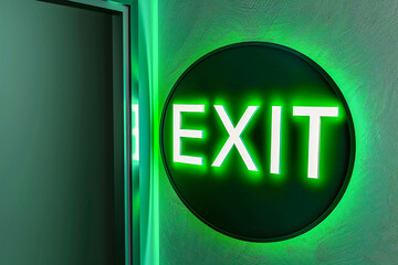 Bright green emergency exit sign with an open door, highlighting a secure pathway for evacuation.
