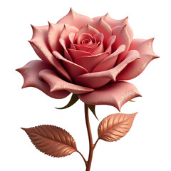 Close up of a pink rose with leaves isolated on transparent background