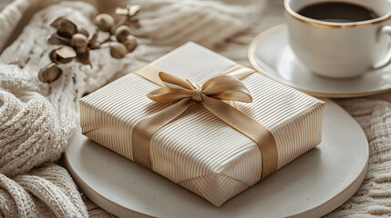  Elegantly wrapped gift with a golden ribbon alongside a coffee cup on a stylish setup 