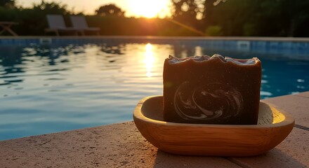 Handcrafted soap bar on wooden holder by the pool at sunset evokes tranquility