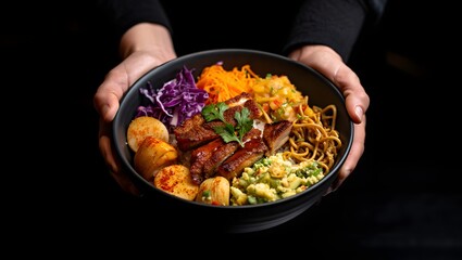Delicious Poke Bowl Held by Two Hands Featuring Chicken and Varied Ingredients