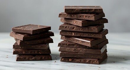 Indulgent stacks of dark chocolate squares tempting to eat and savor