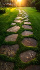 Obraz premium Stone Pathway Through Green Lawn Leads to Sunlight in the Distance
