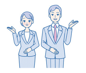 スーツ姿で案内をする男女の上半身イラスト