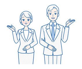 スーツ姿で案内をする男女の上半身イラスト
