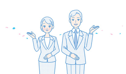 スーツ姿で案内をする男女の上半身イラスト