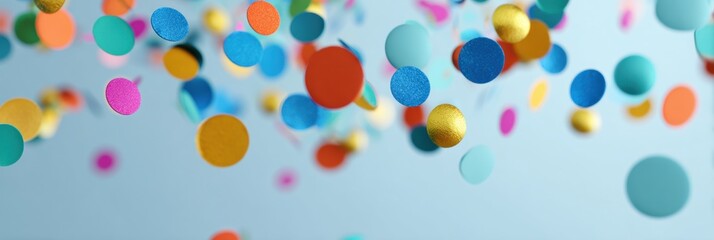 Colorful Confetti Floats Gracefully on a Light Blue Background, Creating a Joyful and Festive Atmosphere Perfect for Celebrations and Events