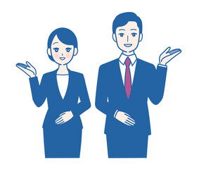 スーツ姿で案内をする男女の上半身イラスト