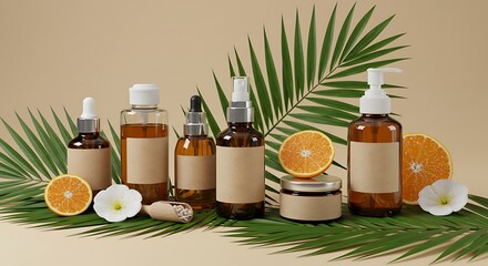 Natural beauty and skincare products with orange slices and tropical leaves composition