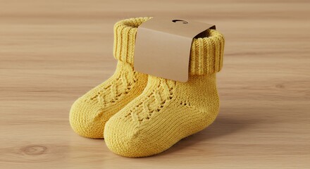 Pair of knitted yellow baby socks on wooden surface, showcasing handmade quality