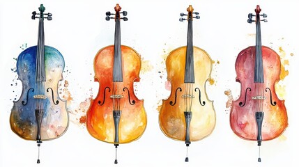 Naklejka premium Four watercolor cellos in blue, orange, yellow, and red hues.