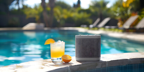 Chilled Orange Cocktail and Portable Speaker by a Tropical Pool

