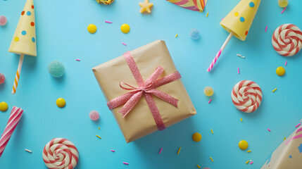  Festal gathering visualization. Top view shot capturing festive elements like candies, wrapped gift, birthday hats, party blower