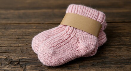 Soft knitted baby socks in pink on a rustic wooden background, ready for a newborn