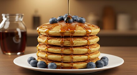 Stack of delicious pancakes with blueberries and syrup pouring, in a warm setting