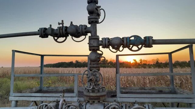 Kharkiv region, Shebelinka gas field, production at a depth of 1-2 kilometers, located in corn and sunflower fields, sunset