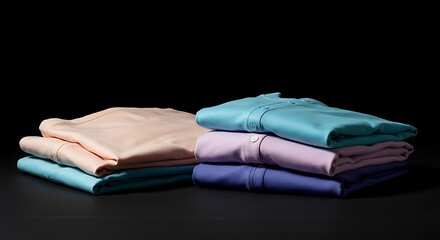 Stacks of neatly folded shirts in pastel colors against a dark background display