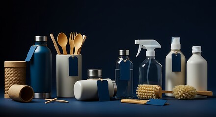 Sustainable household products assortment featuring reusable bottles and wooden utensils