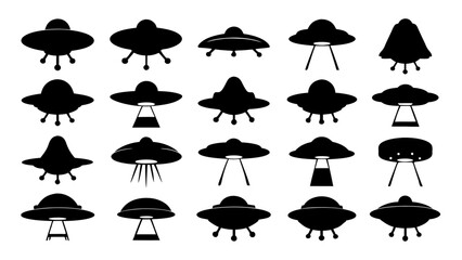 UFO set silhouettes on tranparent background