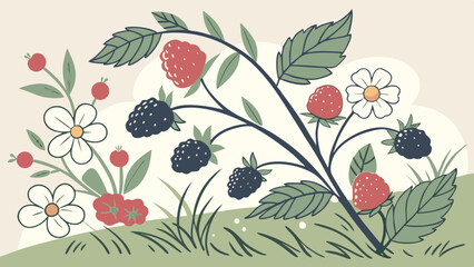 berry patch with strawberries blackberries and flowers in a field setting design