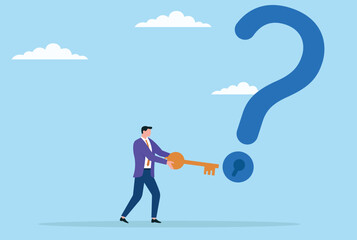 Vector illustration of a businessman trying to unlock a large question mark with a key, symbolizing problem solving, unlocking knowledge, and finding solutions in business challenges
