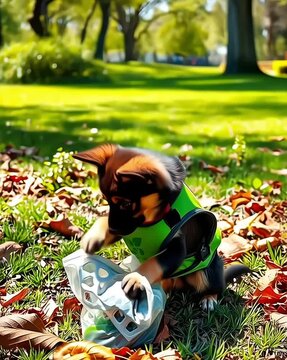 a dog wearing an eco-hero vest helping pick up trash in a park, sunny day, perfect for environmental awareness campaigns