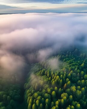 drone footage of lush green forest with morning mist slowly moving across treetops, peaceful and cinematic atmosphere