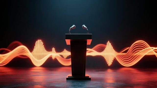 Abstract Political Speech, Dynamic Sound Waves, Persuasion, and Public Influence. Ideal for communication studies, leadership training, and media impact