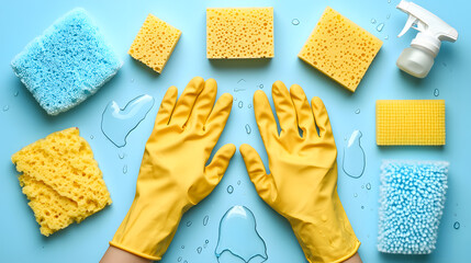 Embrace cleanliness with household items. Top view of cleaning supplies—gloves, sponges, spray—on a muted blue background