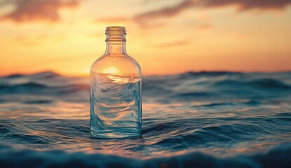Obraz premium Empty glass bottle on ocean waves at sunrise