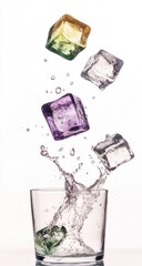 Colorful ice cubes splash into a glass of water (1)