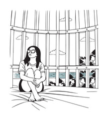 sketch of a lonely girl in a gazebo vector hand drawing. girl in gazebo by the ocean vector sketch