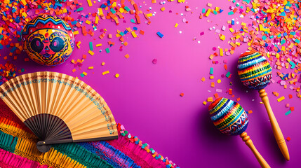 Festive colorful decorations including maracas and a fan on a warm purple backdrop