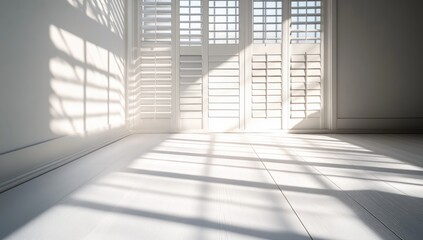 Obraz premium Sunlight streams into a white room with wooden shutters