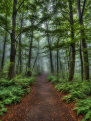Fototapeta premium A sun-dappled trail moving diagonally through a lightly foggy woodland where branches stretch inward above the path creating a layered green canopy with cinematic symmetry soft mist