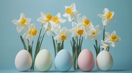 Festive composition featuring colorful Easter eggs with daffodil flowers arranged on a soft blue backdrop, symbolizing
