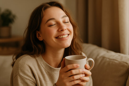 Content woman enjoying a peaceful coffee break at home, feeling relaxed and serene