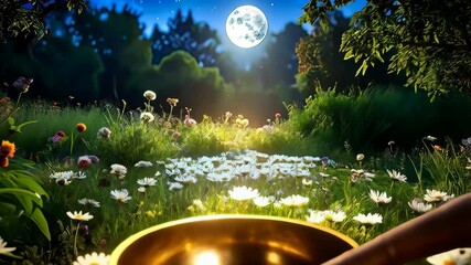 Meditative singing bowl with mallet sits amongst moonlit wildflowers in a calming, tranquil forest environment, promoting healing