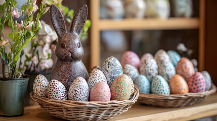 Festive Easter display with a chocolate bunny and patterned eggs in a baske