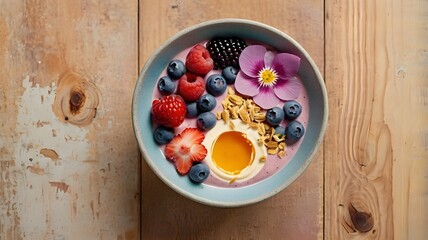 Minimal top-down shot of a vegan smoothie bowl with fresh berries and edible flowers on a pastel pastel ceramic plate, wooden table texture visible,Generative Ai