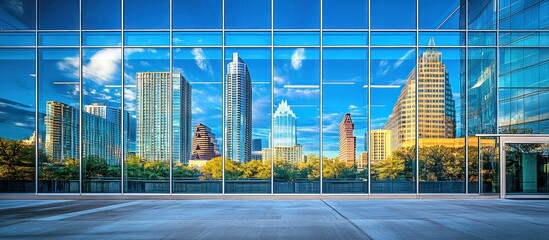Modern city reflected in glass facade