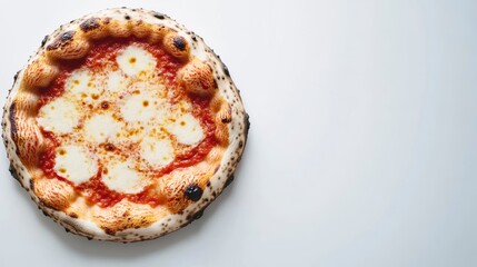 Delicious Neapolitan pizza with mozzarella and tomato sauce on a white background.