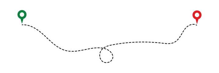 Location routes icon set. Route vector between two points with dotted path and location pin. Location pointer continuous one line drawing. GPS navigation line route mark in eps 10.